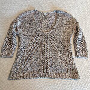 J. JILL Women’s Sweater Size Small Petite Open Weave Marled V-Neck ¾ Sleeve
